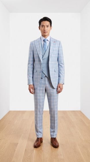 Statement Men's Outlet 3 Piece 100% Wool Tailored Fit Suit - Classic Windowpane