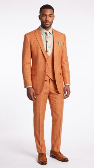 Rust 3 Piece Suits for Men Plaid Suit Single Breasted Suit Jacket with Double Breasted Vest