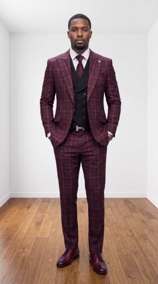Burgundy Suit Three Piece Peak Lapel
