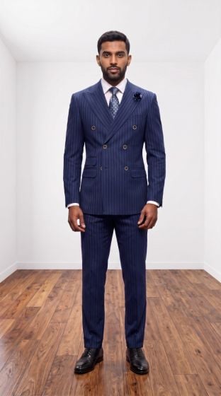 Navy Pinstripe Suit Double Breasted Mens Suit Jacket