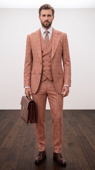 Salmon Suit 3 Piece Suit with Double Breasted Vest and Peak Lapel