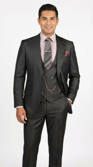 CCO Men's Outlet 3 Piece Wool Feel Sharkskin Suit - Adjustable Waistband