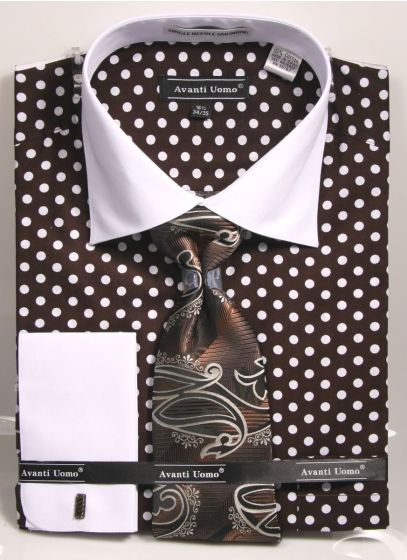 Avanti Uomo Men's Outlet 100% Cotton French Cuff Shirt Set - Polka Dots