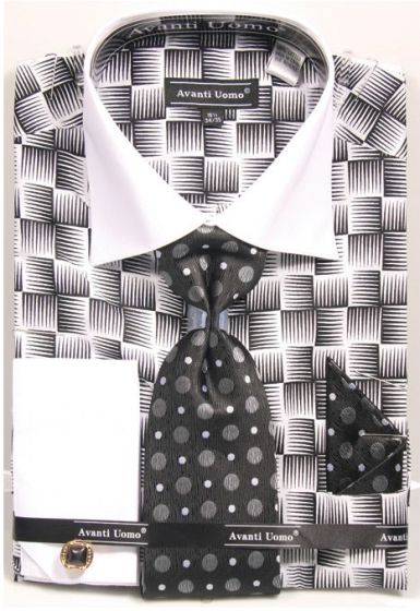 Avanti Uomo Men's Outlet French Cuff Shirt Set - Exotic Checkerboard