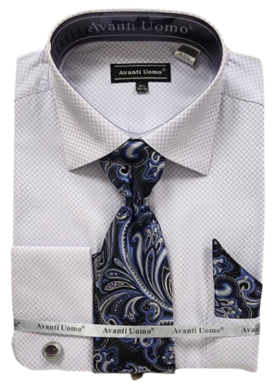 Avanti Uomo Men's Light Checker French Cuff Dress Shirt Set - Jacquard