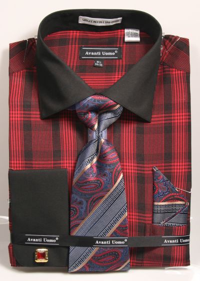 Avanti Uomo Men's French Cuff Shirt Set - Bold Plaid