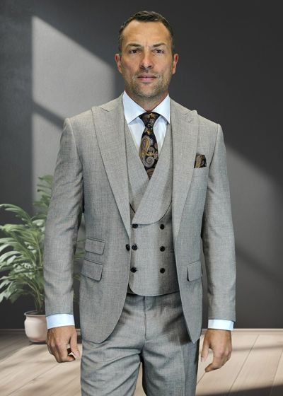 Statement Men's Outlet 3 Piece 100% Wool Modern Fit Suit - Wide Lapel Double Breasted Vest