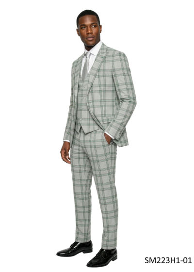 Grey Green Glen Plaid Suit Mens 3 Piece Suits Flat Front Pants with Expandable Waistband
