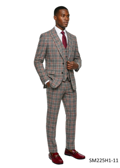 Grey Burgundy Plaid Suit for Men Fashion Suits Reversible Vest