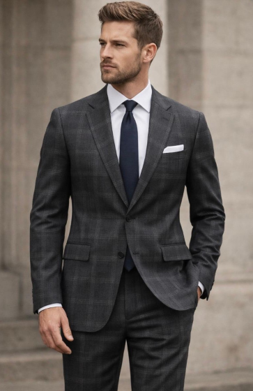 Charcoal Grey Suit Windowpane Plaid Mens Suit Single Breasted Suit Jacket