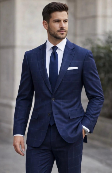 Navy Blue Suits for Men Windowpane Plaid Suit