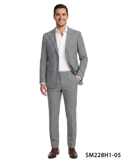 Grey Pinstripe Suit Mens 2 Piece Suits Flexible Waistband