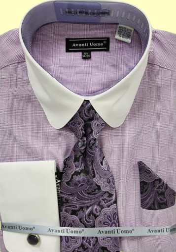 Avanti Uomo Men's Glen Check French Cuff Dress Shirt Set - Round Collar