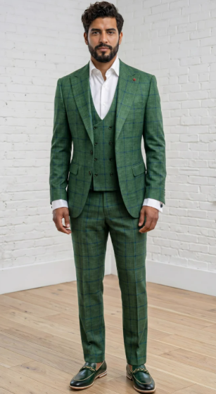 Statement Men's Outlet 3 Piece 100% Wool Tailored Fit Suit - Windowpane Pattern