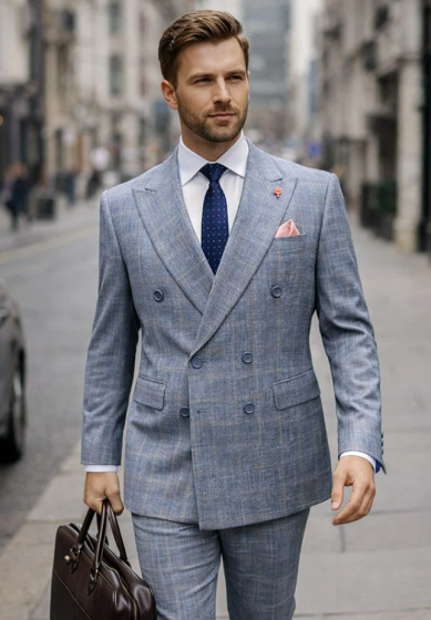 Statement Men's Outlet 2 Piece 100% Wool Modern Fit Double Breasted Suit - Fine Windowpane