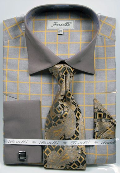 Fratello Men's Outlet French Cuff Dress Shirt Set - Check Pattern