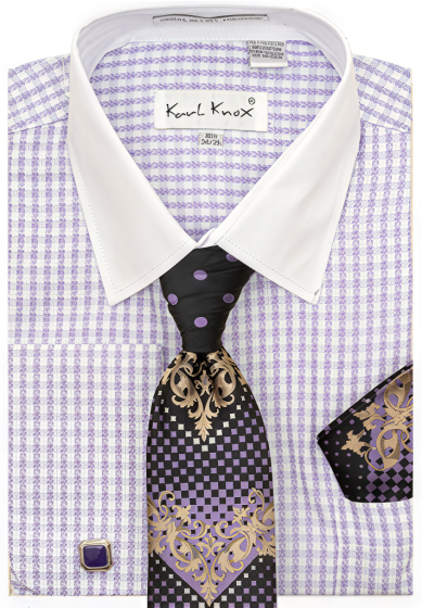 Karl Knox Men's French Cuff Shirt Set - Checkered Pattern