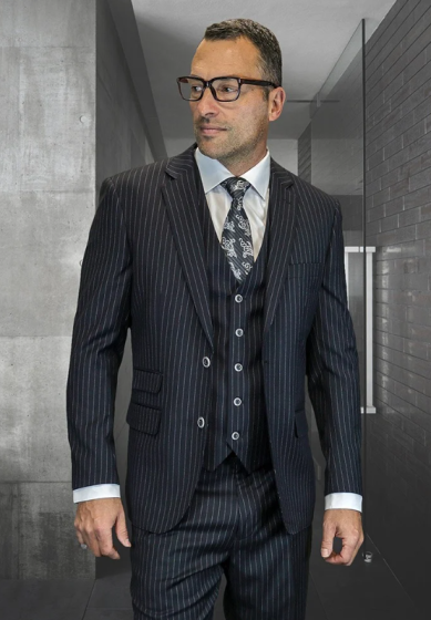 Statement Men's Outlet 100% Wool Pinstripe 3 Piece Suit - Notch Lapel