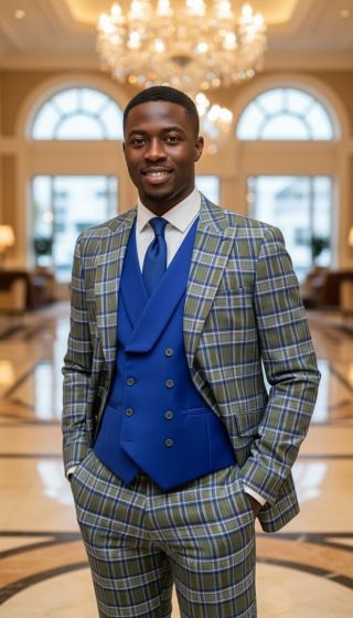 Saboo by Statement Men's 3 Piece Plaid 100% Wool Suit - Double Breasted Vest