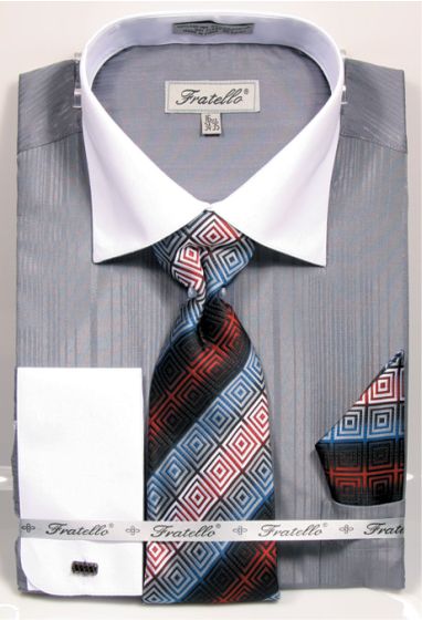 Fratello Men's French Cuff Dress Shirt Set - Textured Two Tone