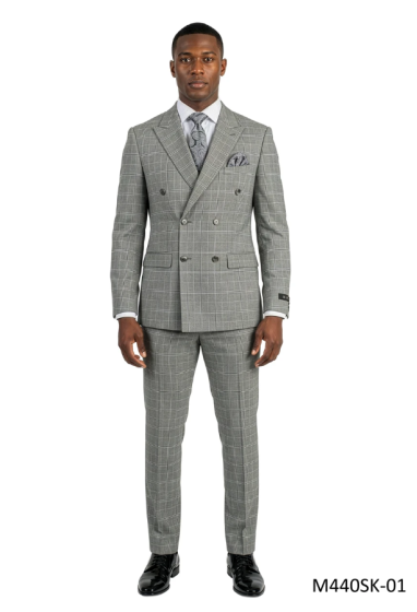CCO Men's Outlet 2 Piece Skinny Fit Double Breasted Suit - Plaid Windowpane