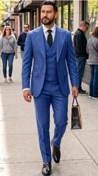 Statement Men's Outlet 3 Piece 100% Wool Modern Fit Suit - Wide Peak Lapel