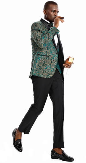 CCO Men's Outlet 3 Piece Skinny Fit Suit - Gold Paisley