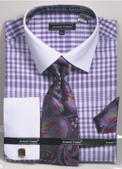 Avanti Uomo Men's French Cuff Shirt Set - Plaid Pattern