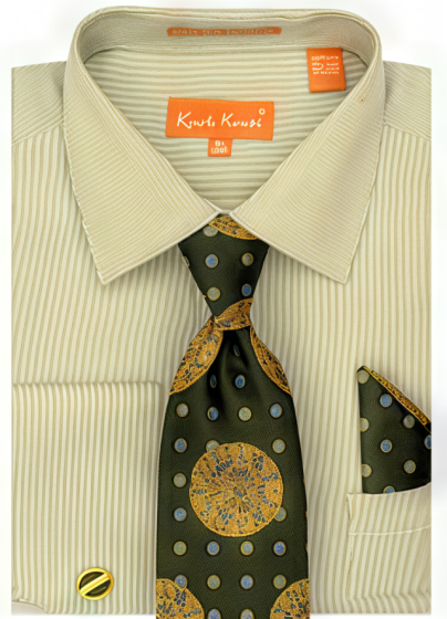 Karl Knox Men's French Cuff Fashion Striped Shirt Set - Dot Tie