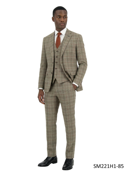 Taupe Suit Mens 3 Piece Suits Plaid Suit Flat Front Pants with Expandable Waistband