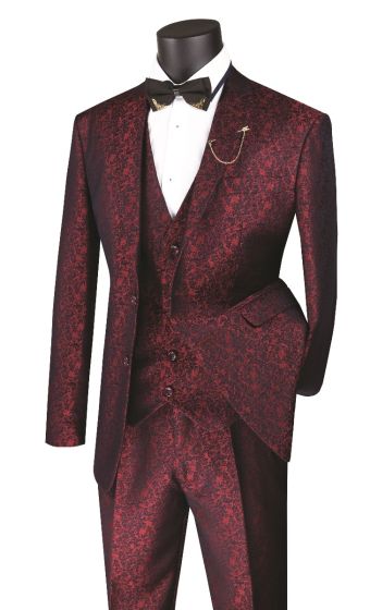 Vinci Men's 3 Piece Wool Feel Slim Fit Suit - Metallic Floral