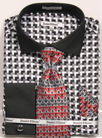 Daniel Ellissa Men's French Cuff Shirt Set - Large Geometric
