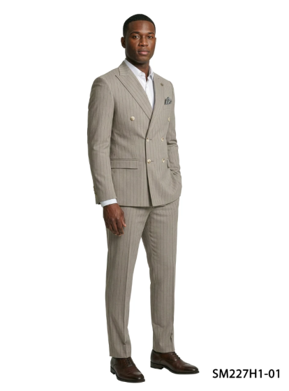 Khaki Suit Pinstripe Suits Flat Front Pants with Expandable Waistband