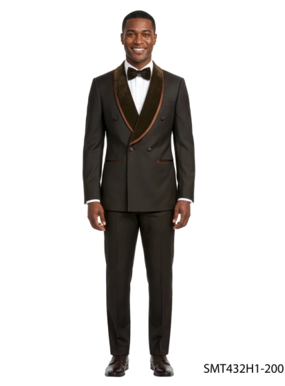 Brown Tux Mens Double Breasted Tuxedo Velvet Shawl Lapel