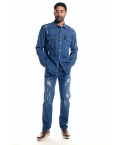 Stacy Adams Men's 2 Piece Long Sleeve Denim Walking Suit - Faux Rips