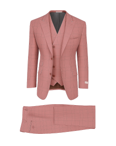 Tiglio Rosso Men's 3 Piece 100% Wool Suit - Wide Leg Pants - Pink Windowpane