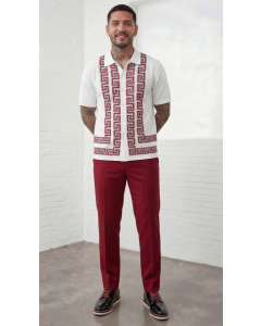 Red Walking Suit Knit Button Down Shirt Flat Front Pants