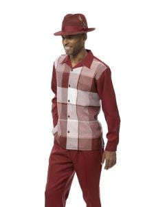 Burgundy Montique Men's Plaid Windowpane Leisure Suit