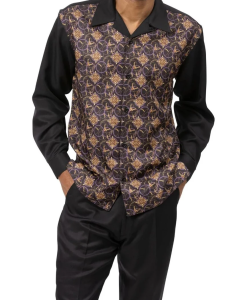 Black Montique Men's Gold Medallion Pattern Leisure Suit