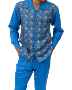 Blue Montique Men's Gold Medallion Pattern Leisure Suit