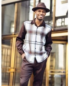 Brown Windowpane Men's Long Sleeve Walking Suit