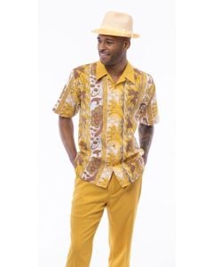Gold Walking Suit Mens Floral Shirts Two Piece Sets