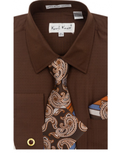 Mens Tan Cream Woven-Look Dress Shirt Set Fancy Eyelet Collar Bar Karl Knox 4400 