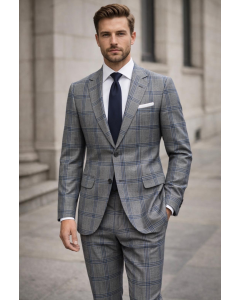 Statement Men's Outlet 2 Piece 100% Wool Windowpane Plaid Suit - Modern Fit 