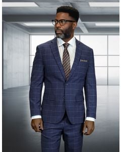 Slate Blue Suit Windowpane Pattern 2 Piece Mens Suits 