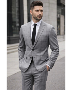 Grey Men Suits Windowpane Suit Notch Lapel