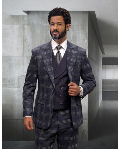 Statement Men's Outlet 3 Piece 100% Wool Fashion Suit - Plaid Pattern