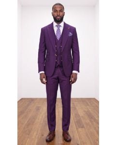 Plum Mens Suits Brass Buttons 3 Piece Suit for Men with Peak Lapel