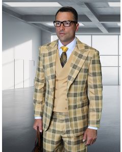 Statement Men's 3 Piece Plaid 100% Wool Modern Fit Suit - Wide Peak Lapel