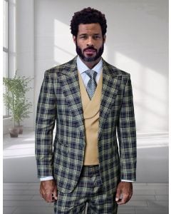 Statement Men's Outlet 3 Piece Plaid 100% Wool Modern Fit Suit - Wide Peak Lapel